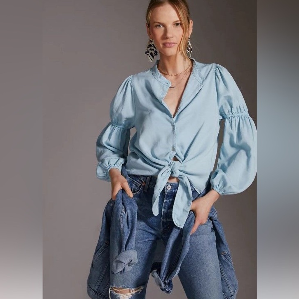 Anthropologie Amadi Pale Blue Tie-Waist Puff Sleeve Blouse